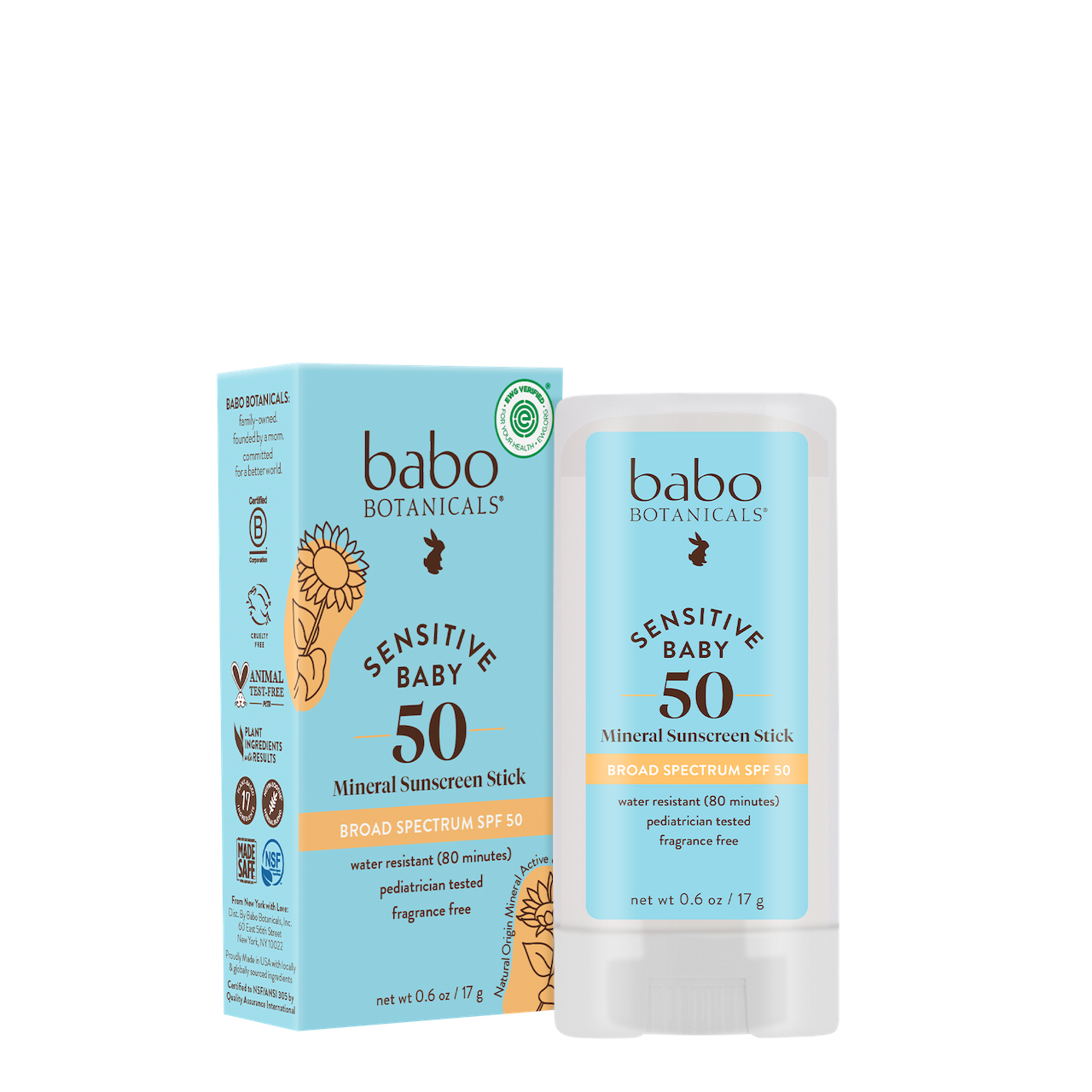 Babo Botanicals Baby Face Mineral Stick SPF 50 Fragrance Free MADE SAFE