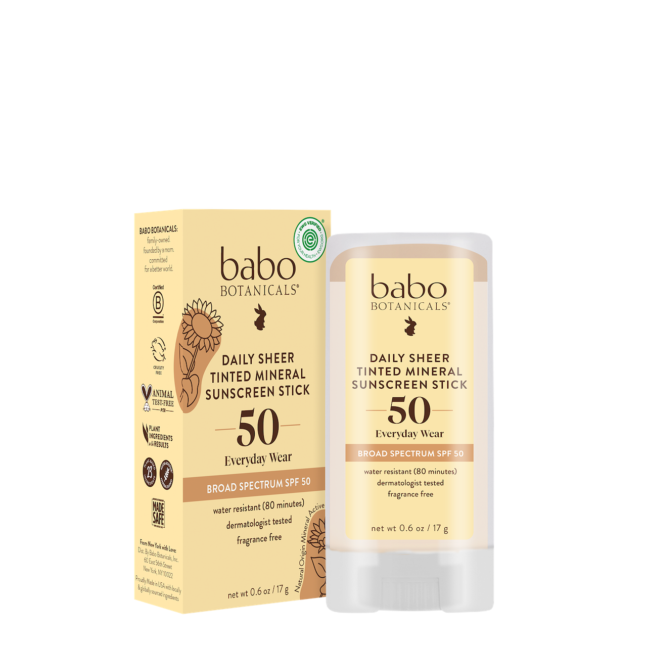 Babo Botanicals Tinted Face Mineral Stick SPF 50 Fragrance Free MADE SAFE