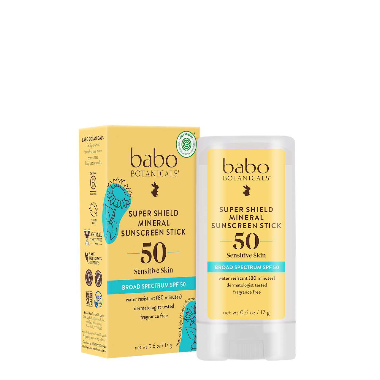 Babo Botanicals Super Shield Sport Stick SPF 50 Fragrance Free MADE SAFE